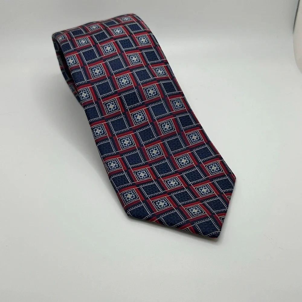 Jos A Bank Silk neck tie blue‎ and red square design 59.5